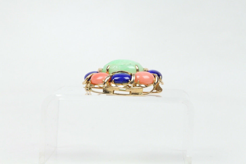 Beautiful Vintage Multi Stone Jade Jasper Lapis Lazuli Brooch Pin