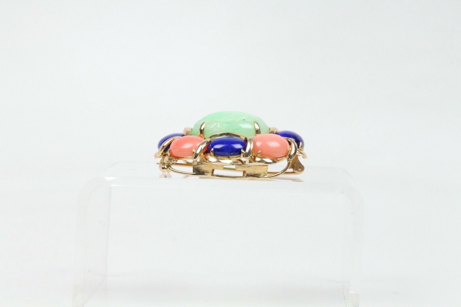 Beautiful Vintage Multi Stone Jade Jasper Lapis Lazuli Brooch Pin