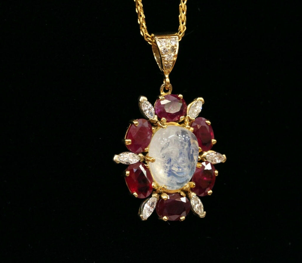 Vintage Man on the Moon Moonstone Rubies Diamonds Gold Over Silver Pendant