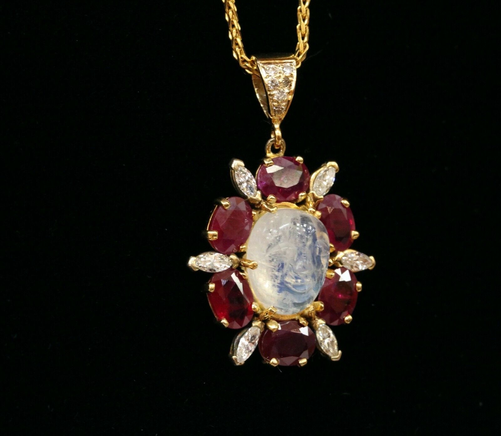 Vintage Man on the Moon Moonstone Rubies Diamonds Gold Over Silver Pendant