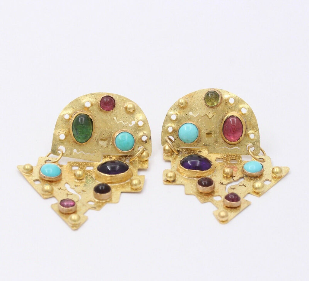 Vintage Multi Stone 18K Yellow Gold Earrings Arizona Mexican