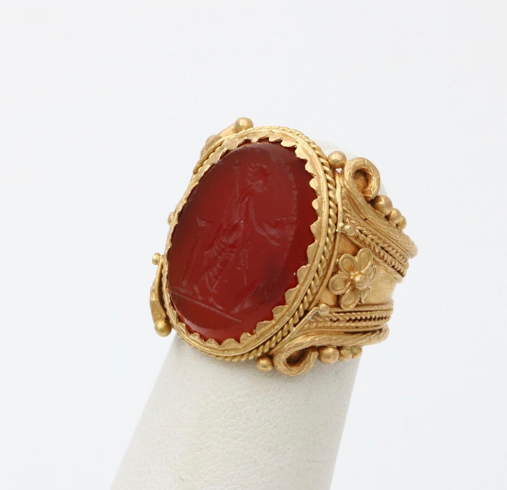 Vintage 22K Yellow Gold Carved Greek Narcissus Intaglio Carnelian Signet.