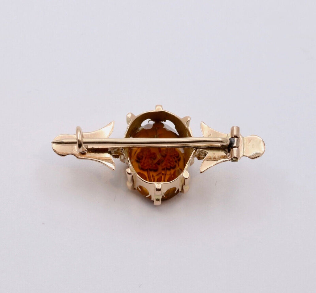 Antique Victorian 14K Yellow Gold Citrine flower Bar Pin.