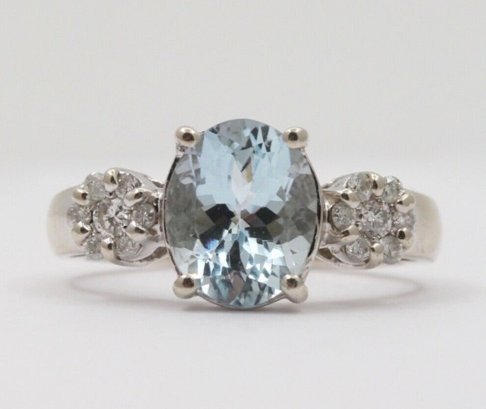 Vintage Oval Aquamarine Diamonds 14K White Gold Ring