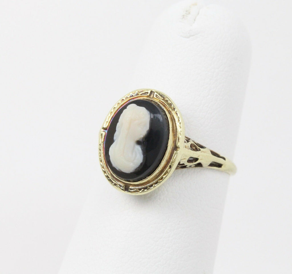 Victorian Cameo Ring 14K White Gold Black Onyx