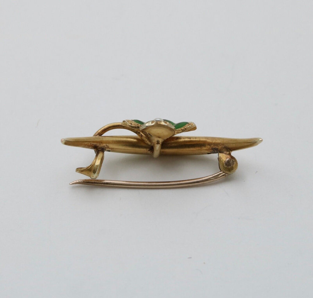 Victorian Crescent Enamel Four Leaf Clover Seed Pearl Brooch Pin