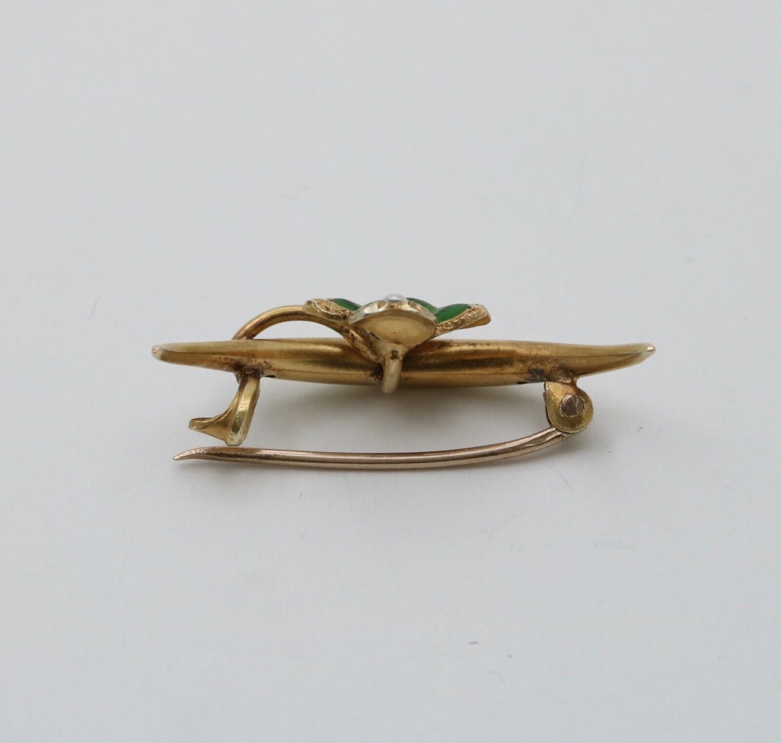 Victorian Crescent Enamel Four Leaf Clover Seed Pearl Brooch Pin