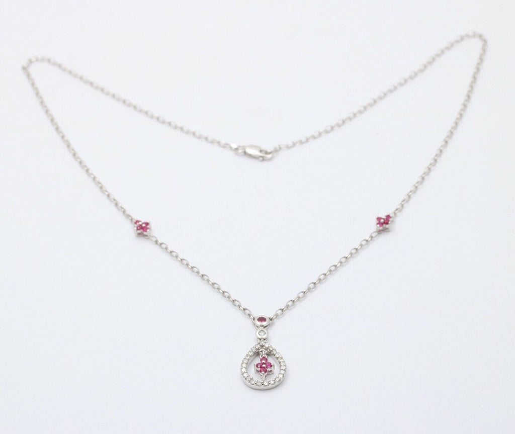 Elegant 18K White Gold Tear Drop Diamond & Ruby Pendant Necklace