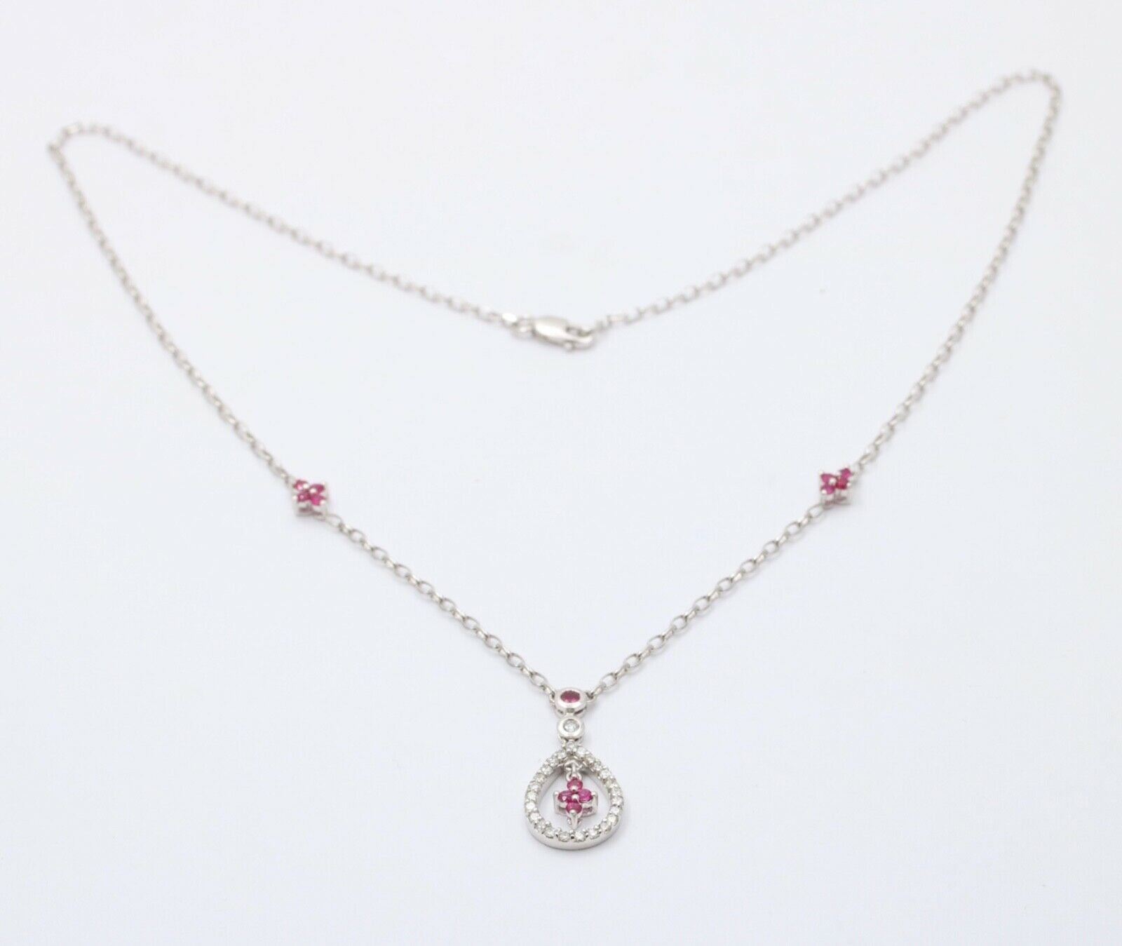 Elegant 18K White Gold Tear Drop Diamond & Ruby Pendant Necklace