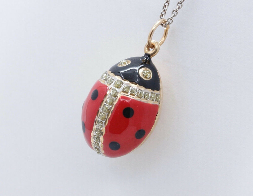 Cute Ladybug 14K Yellow Gold Diamonds Enameled Pendant Charm