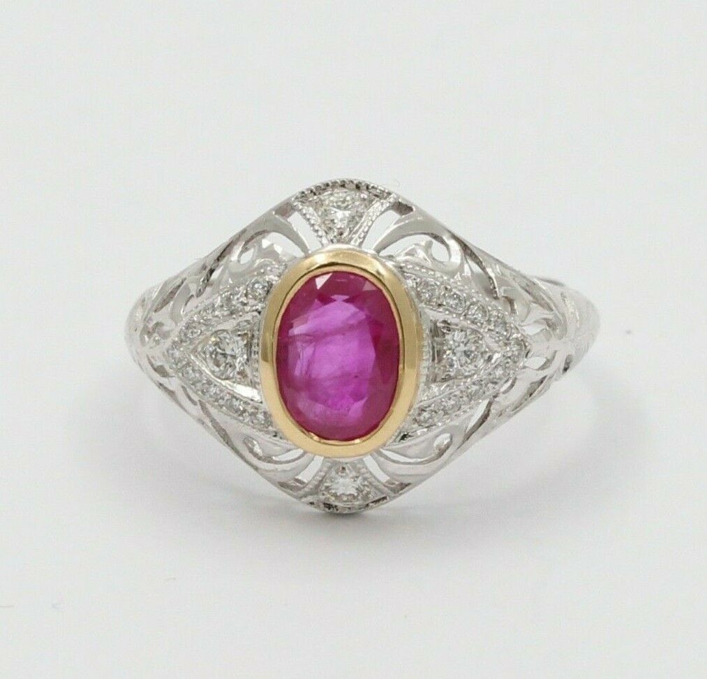 Vintage Burma Ruby Filigree Diamond 18K Gold Ring , Engagement Ring.