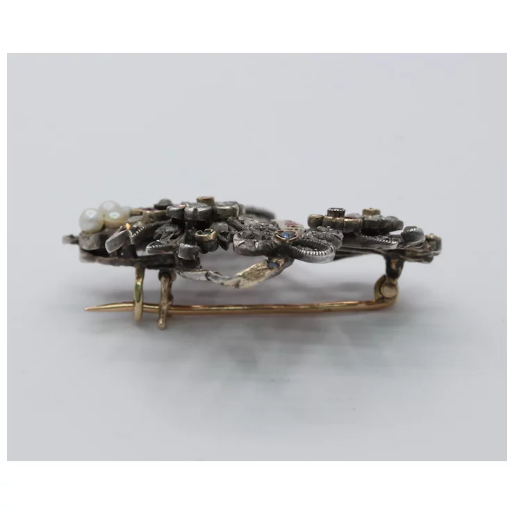 French Victorian Ladies Brooch Flower Basket 18K Ruby Diamonds Sapphires Pearl