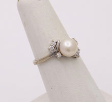 Load image into Gallery viewer, Vintage 14K White Gold Pearl &amp; Diamond Ring.
