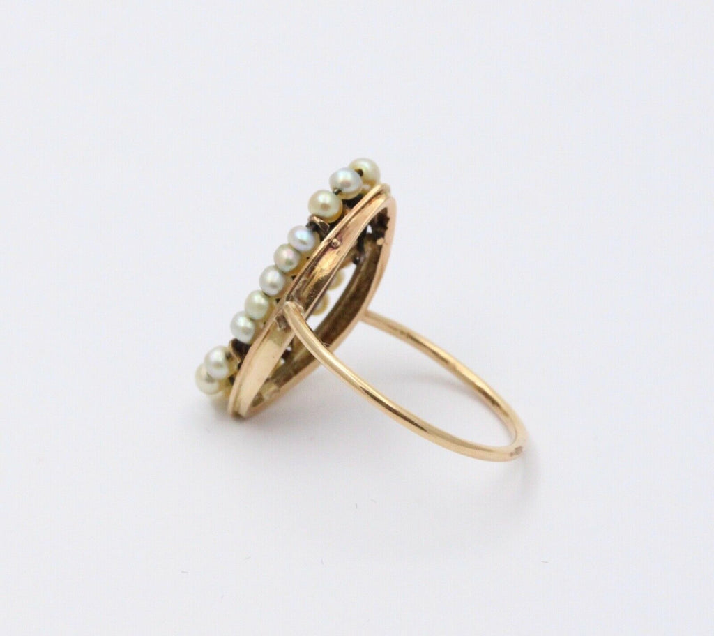 Victorian Navette Cameo Agate Natural Pearls 14K Yellow Gold Ring