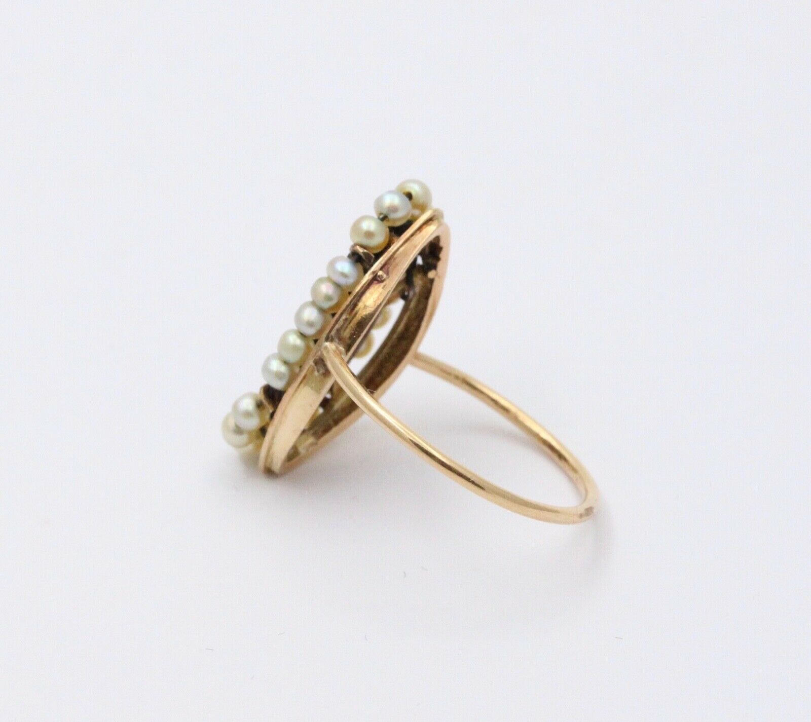 Victorian Navette Cameo Agate Natural Pearls 14K Yellow Gold Ring