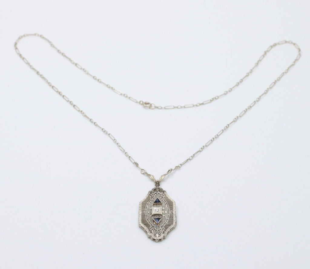 Art Deco 10K Gold Filigree Diamond & Sapphire Pendant Necklace