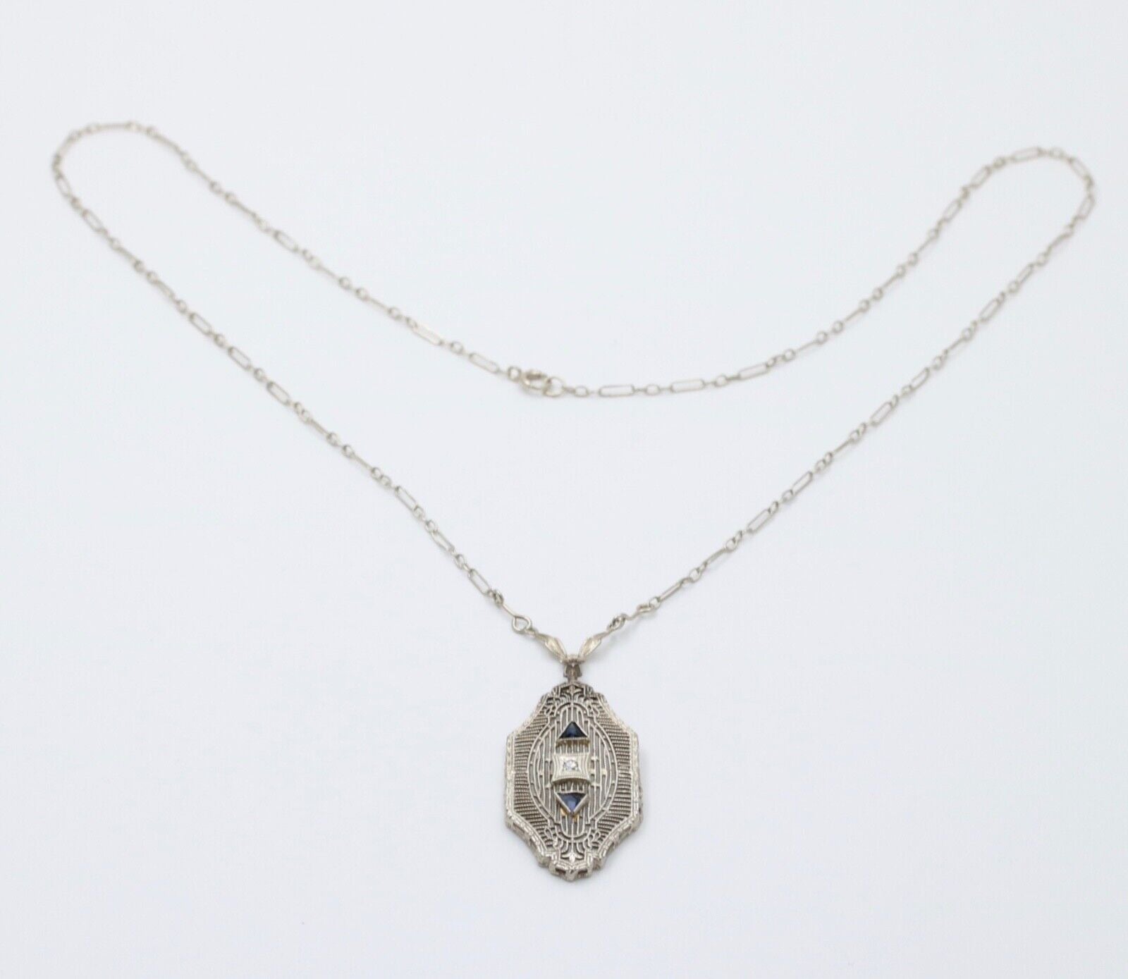 Art Deco 10K Gold Filigree Diamond & Sapphire Pendant Necklace