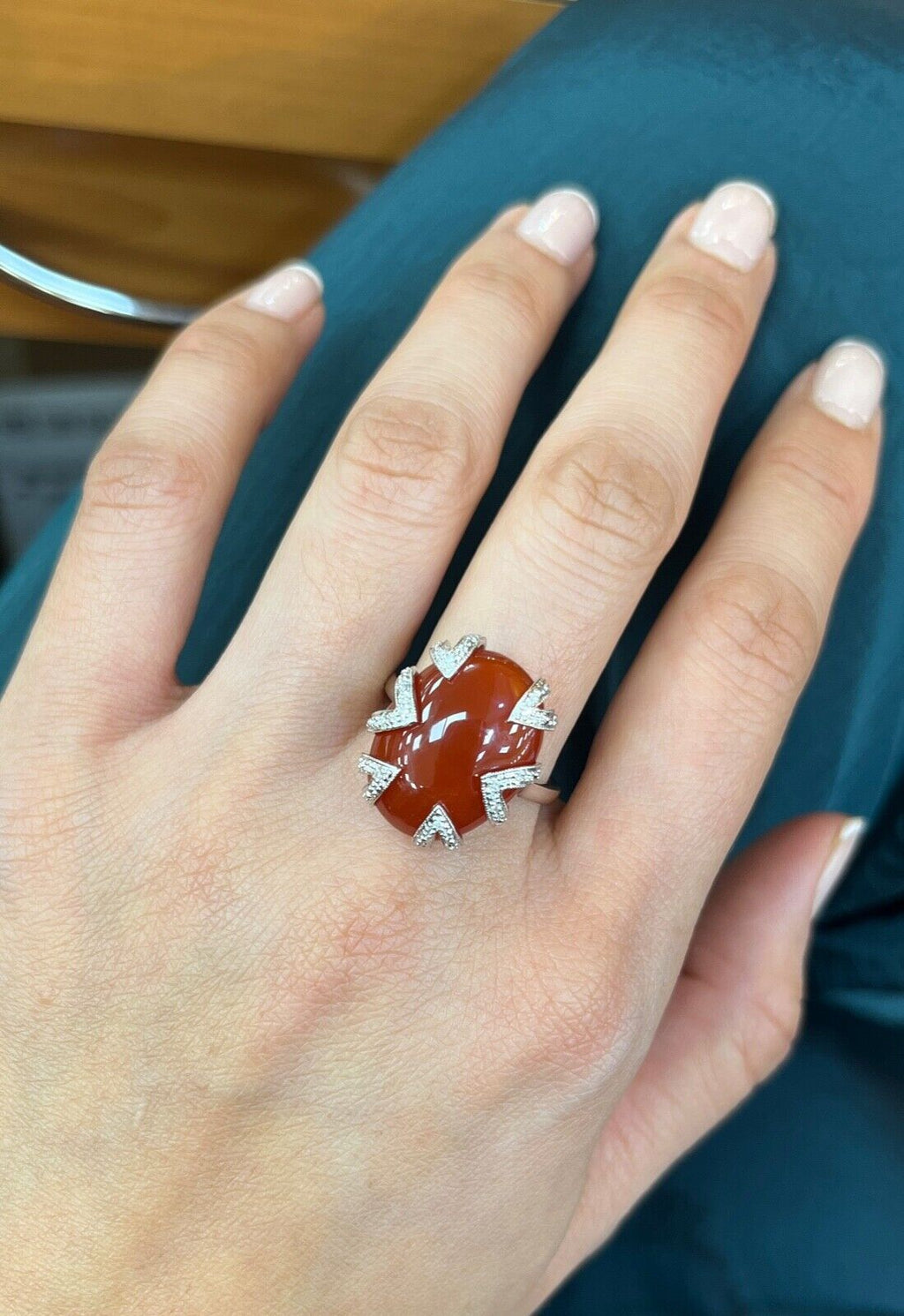 Vintage 14K White Gold Carnelian, Diamond Ring