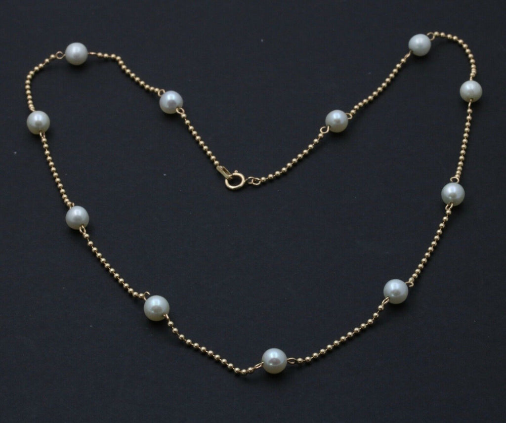 Vintage 14K Yellow Gold Pearl Dog Tag Chain Necklace, June Birth Stone