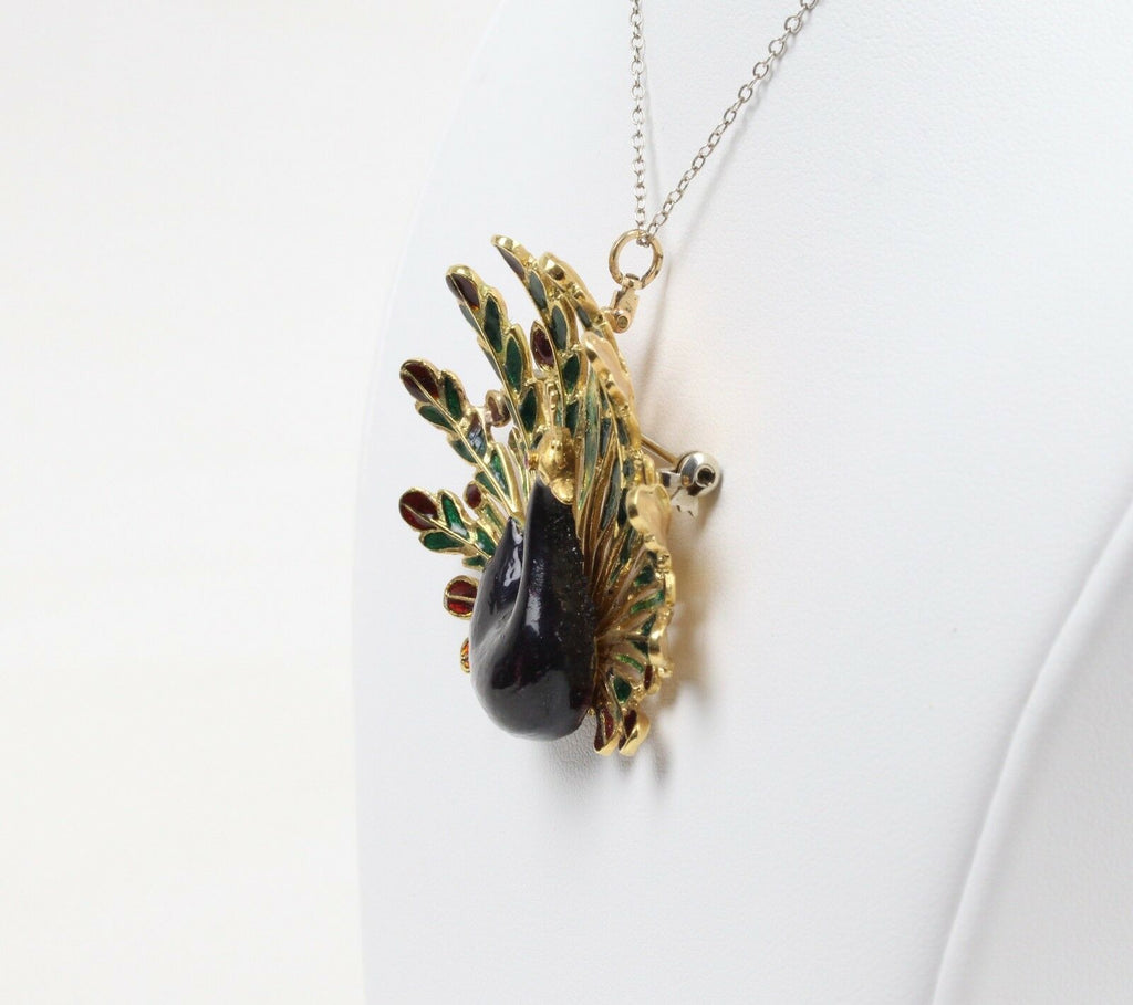 Vintage Ladies Big Beautiful Peacock Pendant Brooch Pin 18K
