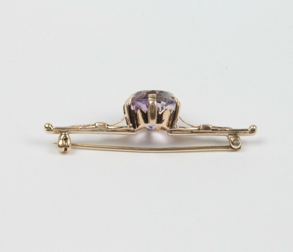 Vintage 14K Yellow Gold Amethyst Bar Brooch, Pin.