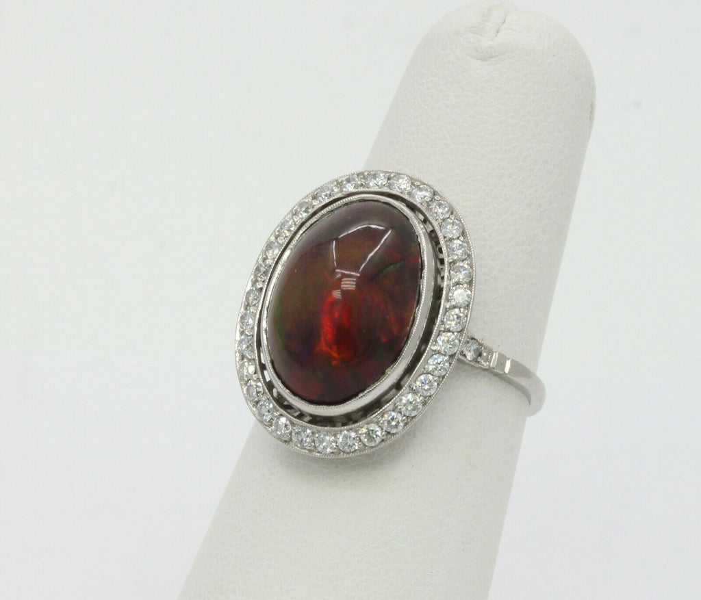 Vintage Ladies Cabochon Opal Diamonds Platinum Ring