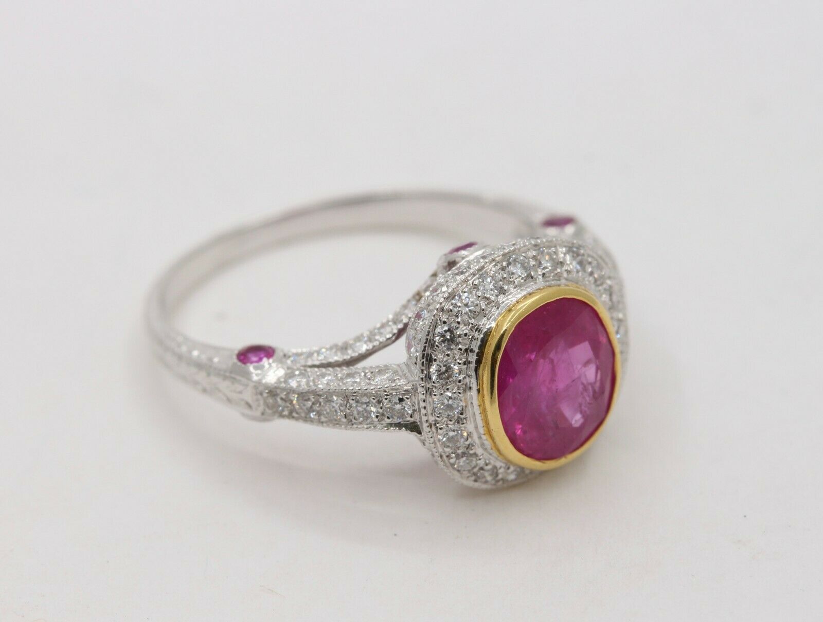 Vintage 18K White Gold Halo Setting Natural Ruby Diamond Alternative Engagement