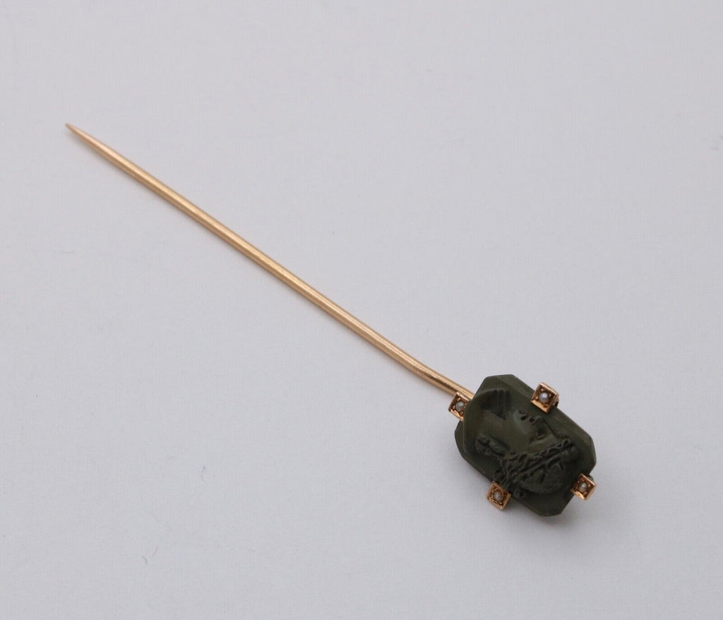Antique Victorian Grand Tour Lava Curved Woman’s Portrait Stick Pin, Lapel Pin
