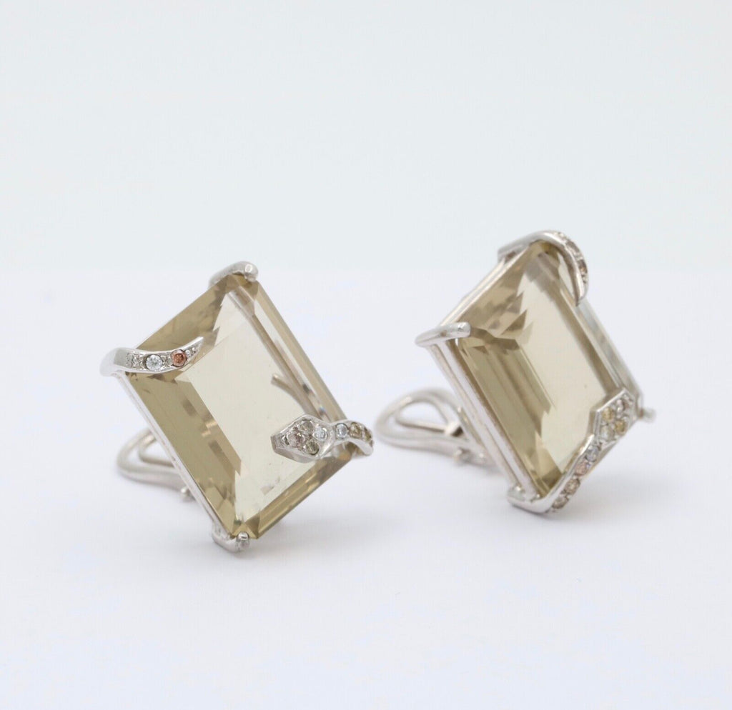 Vintage Modernist Snake Topaz and Diamond 18K White Gold Clip On Earrings