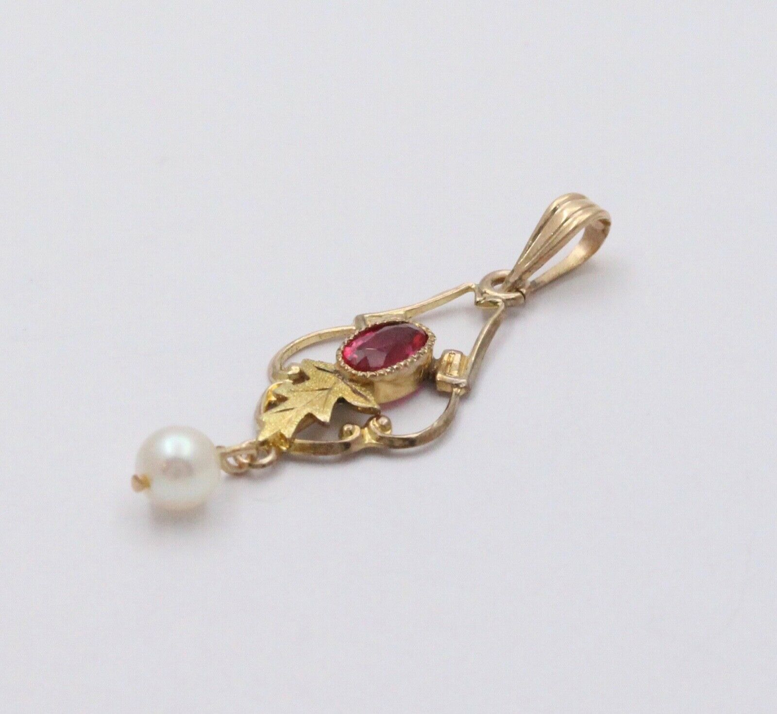 Antique Art Nouveau 10K Yellow Gold Pink Tourmaline & Pearl Charm, Teardrop Pend