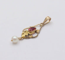 Load image into Gallery viewer, Antique Art Nouveau 10K Yellow Gold Pink Tourmaline &amp; Pearl Charm, Teardrop Pend
