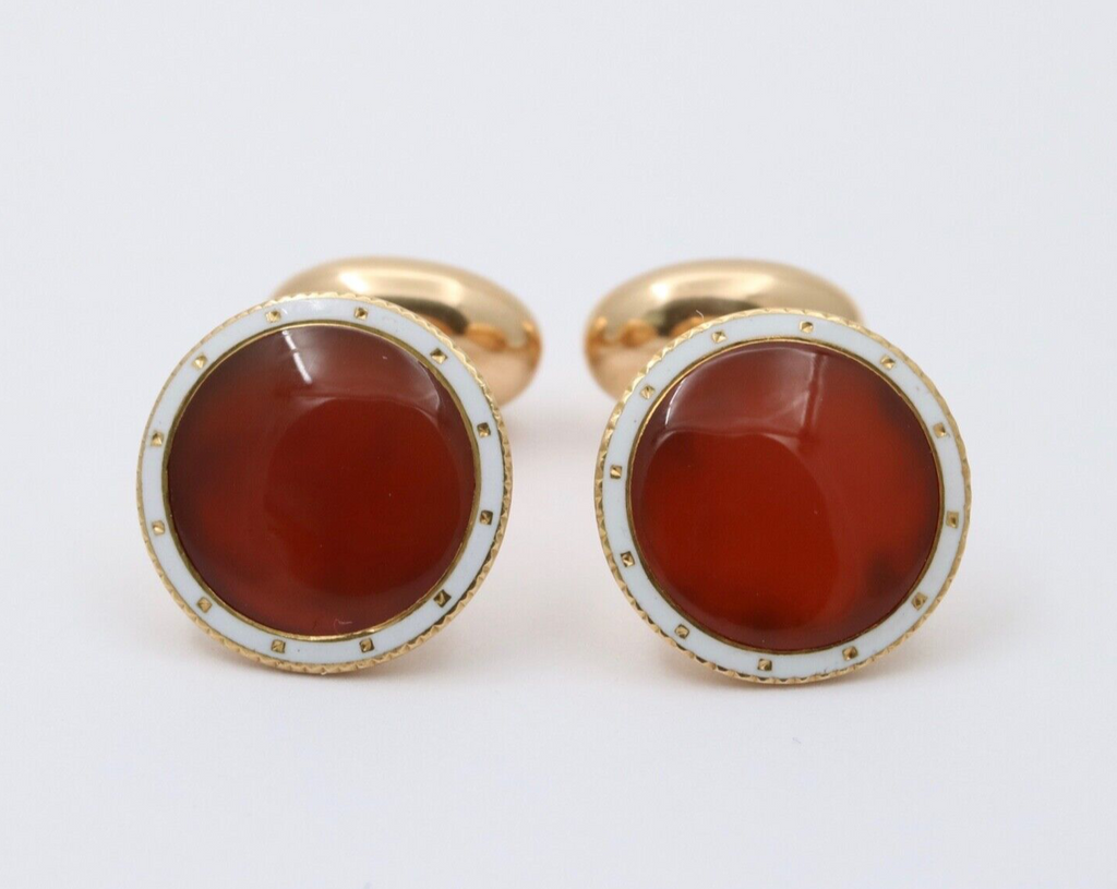 Vintage Carnelian White Enamel 14K Yellow Gold Cufflinks
