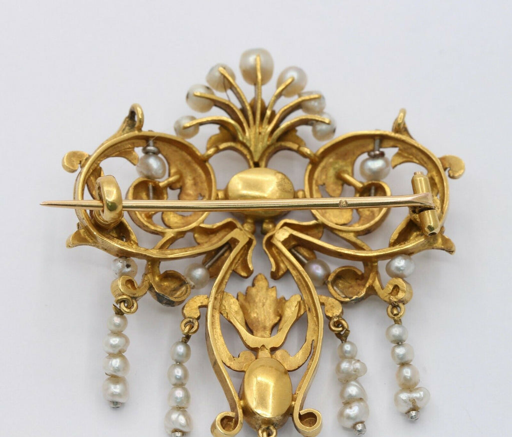 French Victorian 18K Yellow Gold Floral Amethyst Pearl Brooch