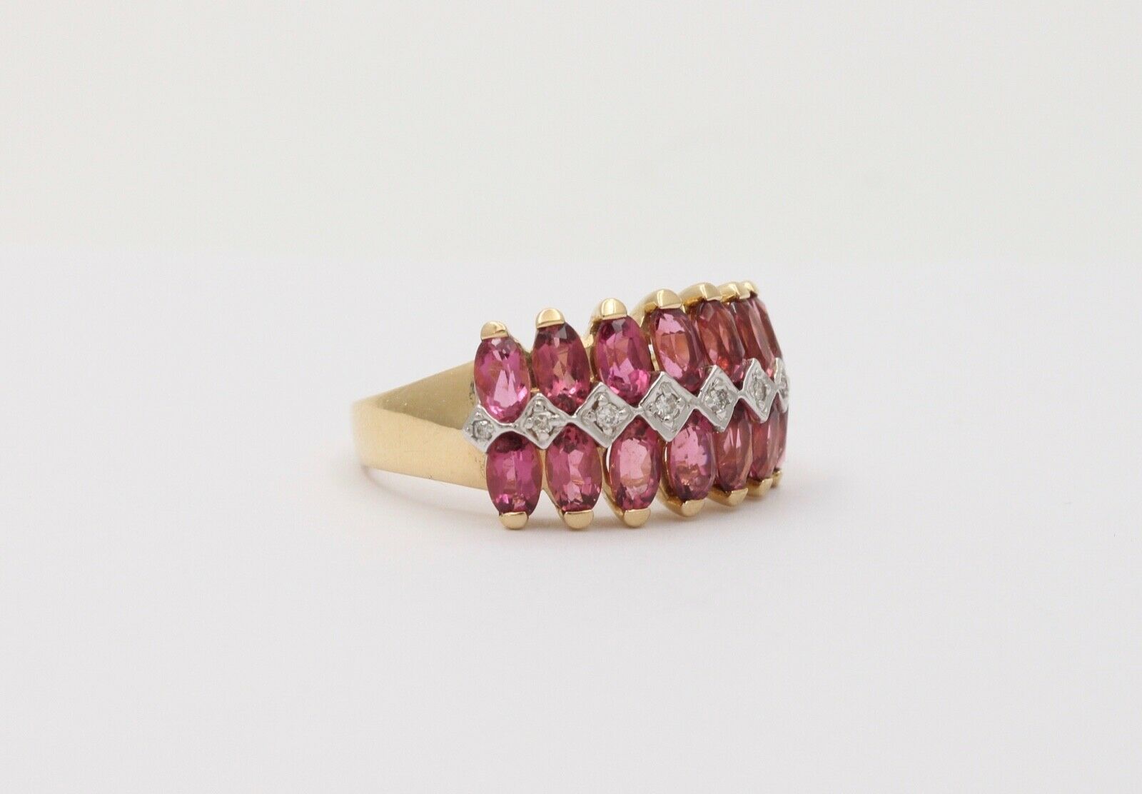 Beautiful Tourmaline Diamonds 14K Yellow White Gold Vintage Cluster Band