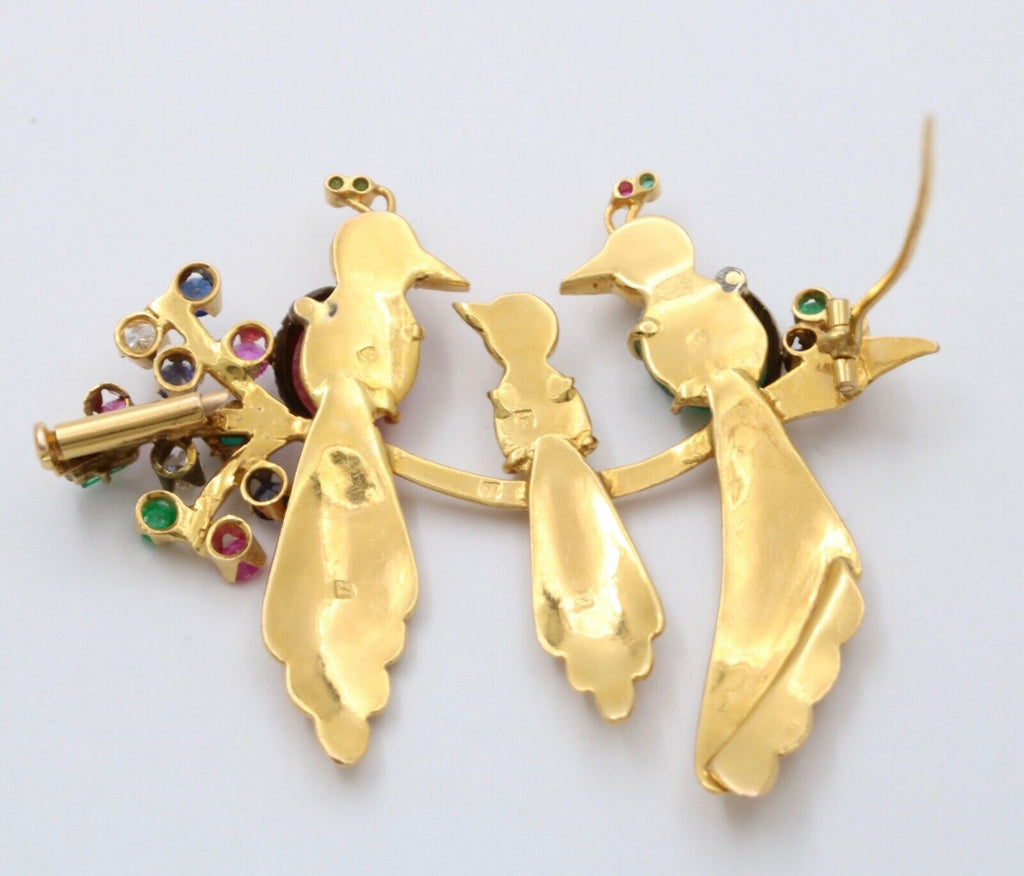 Birds of Paradise Emeralds Rubies Diamonds 18K YG Brooch