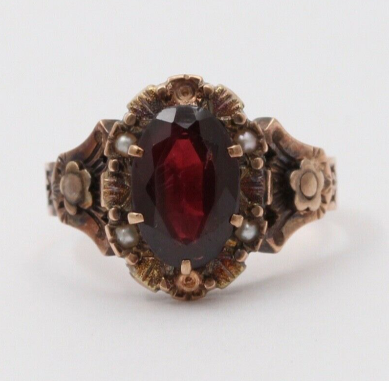 Victorian 9K Rose Gold Garnet Solitaire Ring, Statement Ring