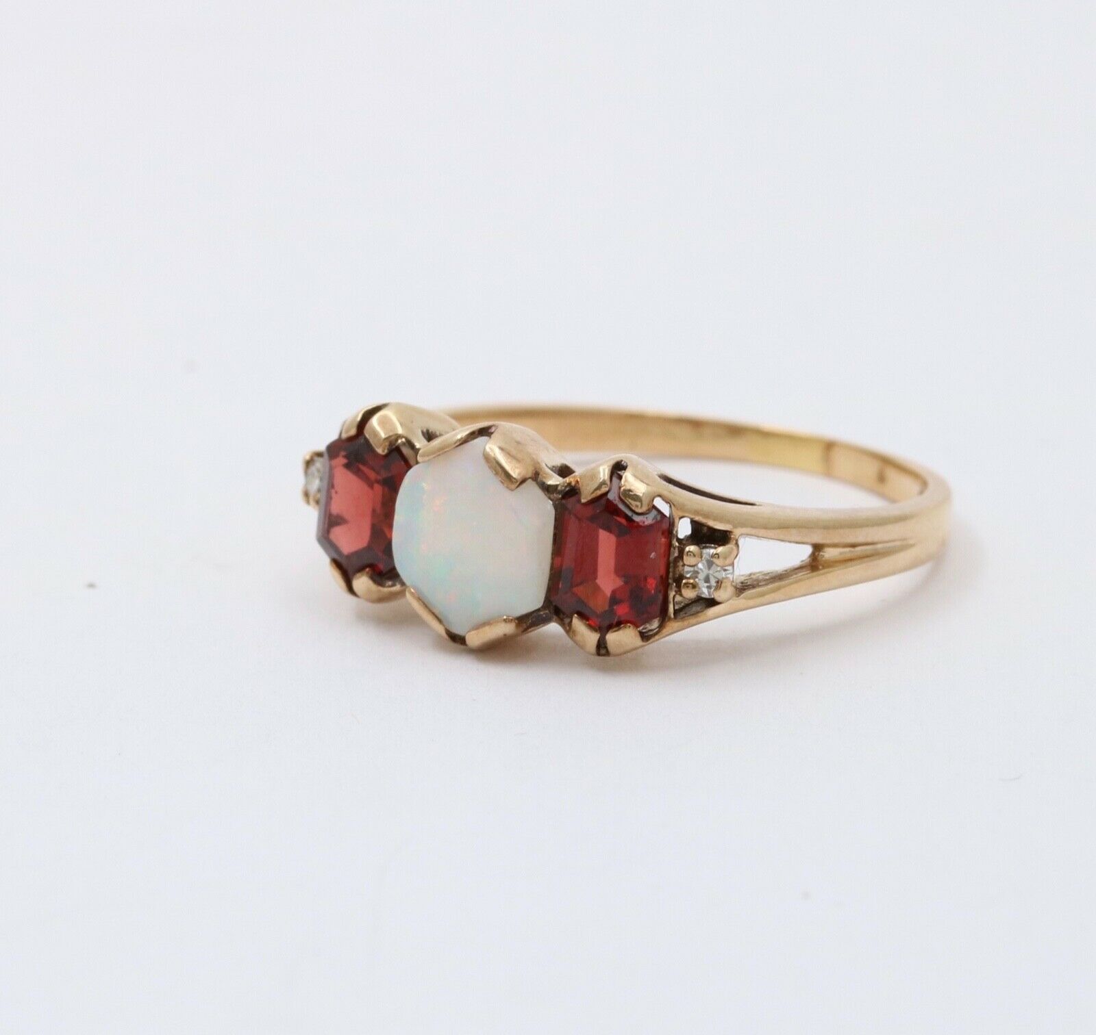 Vintage 10K Yellow Gold Opal, Garnet and Diamond Ring Band. Stacking Ring.