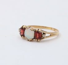 Load image into Gallery viewer, Vintage 10K Yellow Gold Opal, Garnet and Diamond Ring Band. Stacking Ring.
