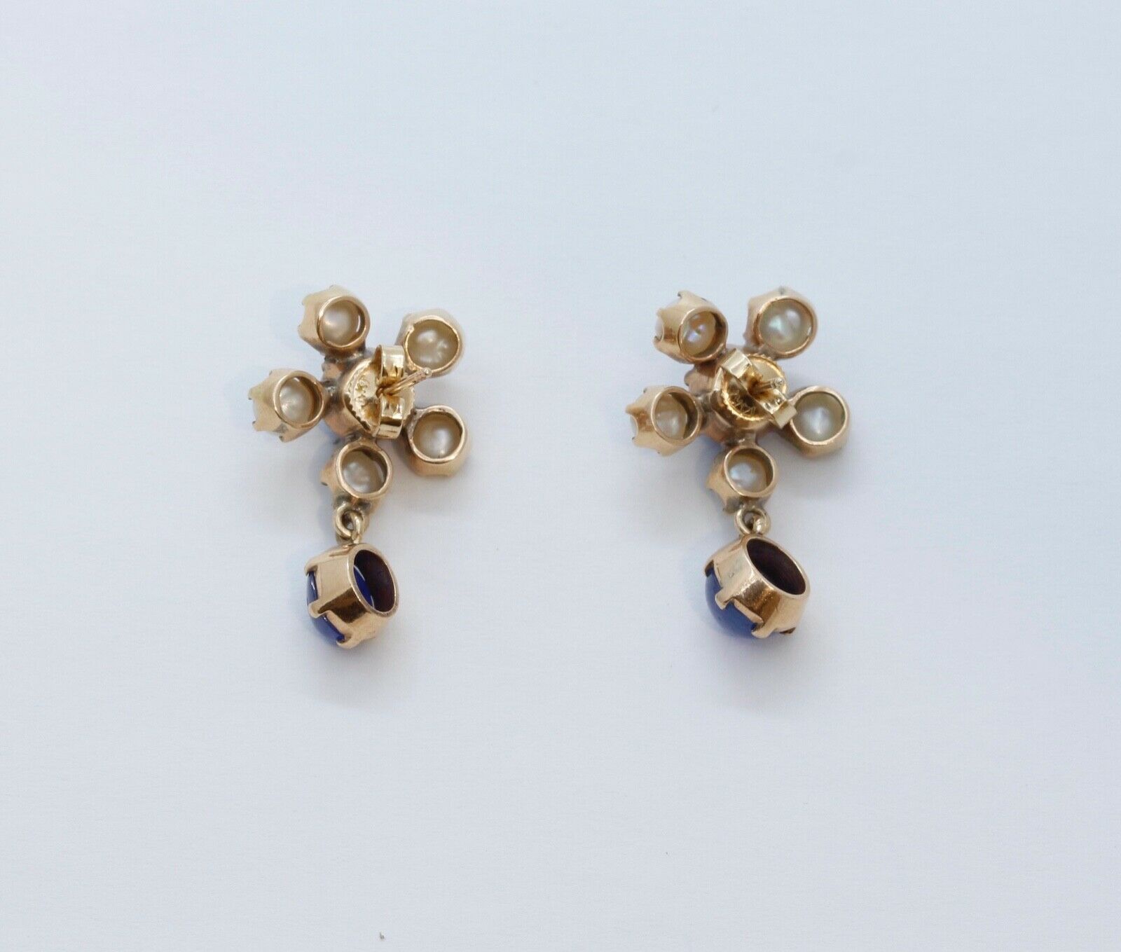 Beautiful Cabochon Sapphires Cultured Pearl 14K Yellow Gold Earrings