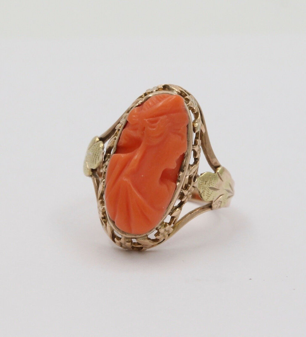 Antique Victorian Carved Coral Woman’s Portrait Two Tone Gold Ring