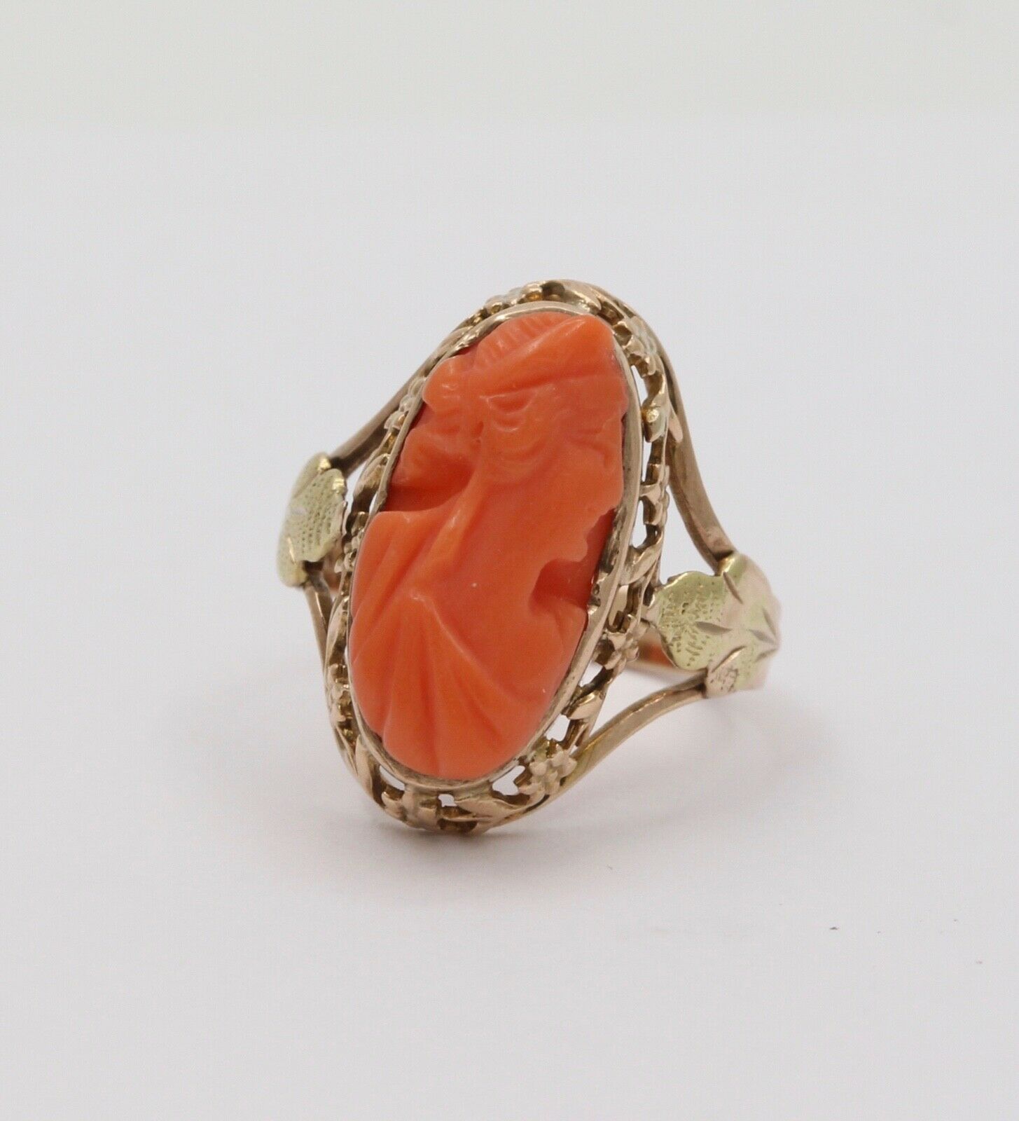 Antique Victorian Carved Coral Woman’s Portrait Two Tone Gold Ring