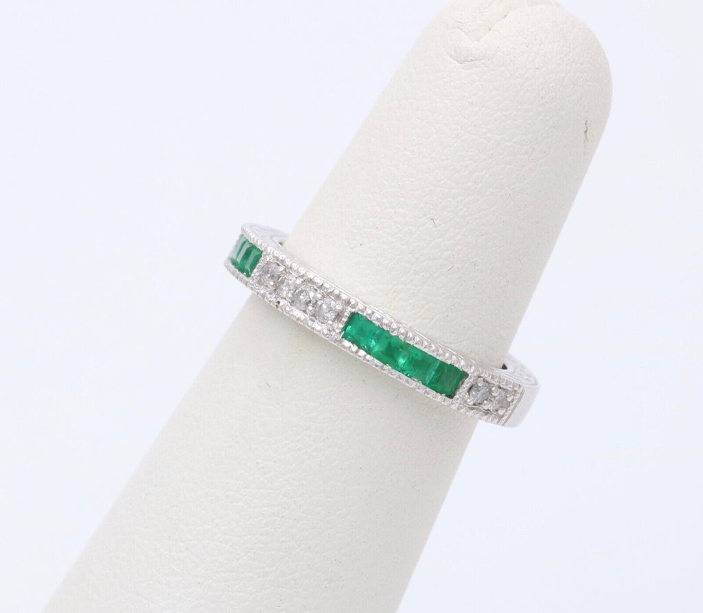 Gorgeous 14K White Gold Emerald & Diamond Half Eternity Ring Band, Wedding Band.