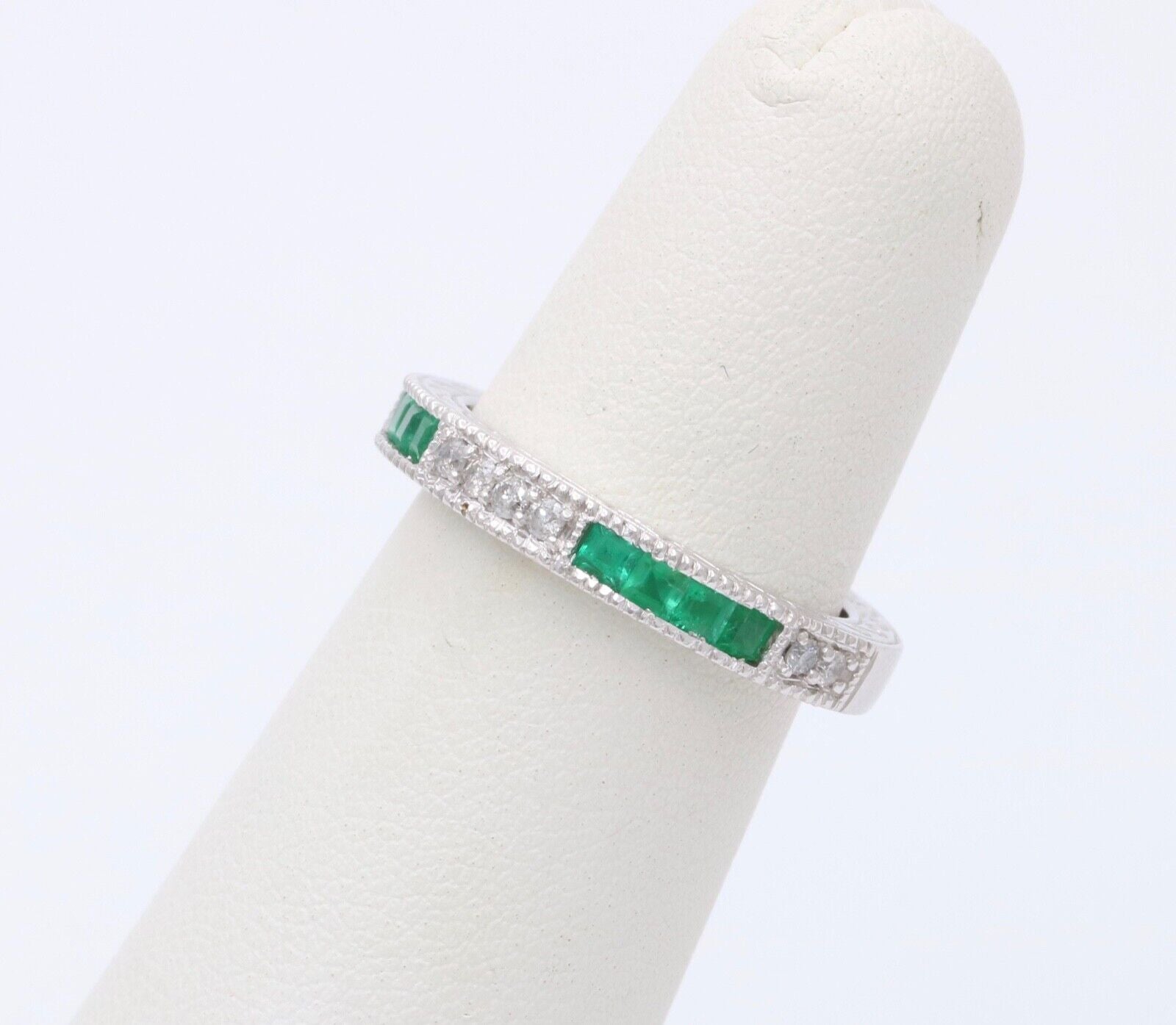 Gorgeous 14K White Gold Emerald & Diamond Half Eternity Ring Band, Wedding Band.