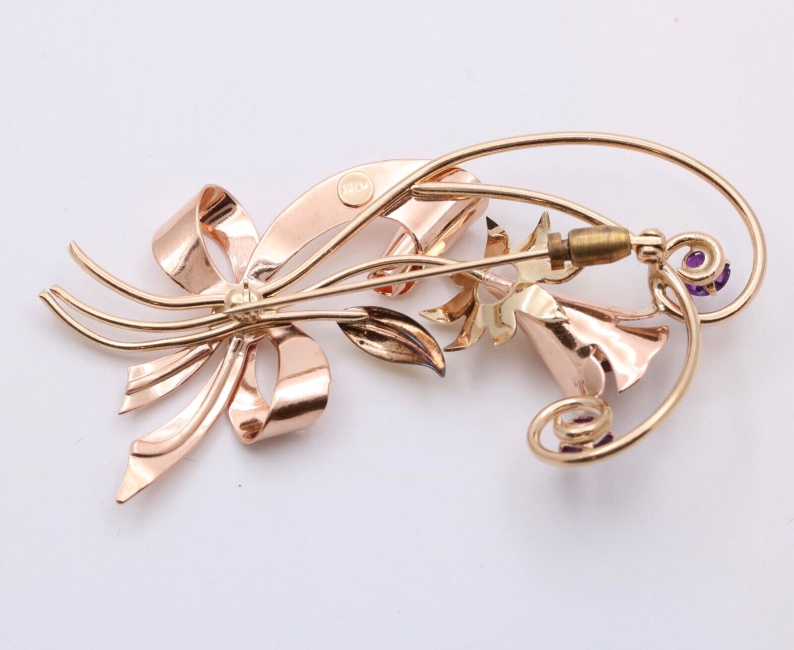 Vintage 10K Rose & Yellow Gold Amethyst Flower Bouquet Brooch Pin