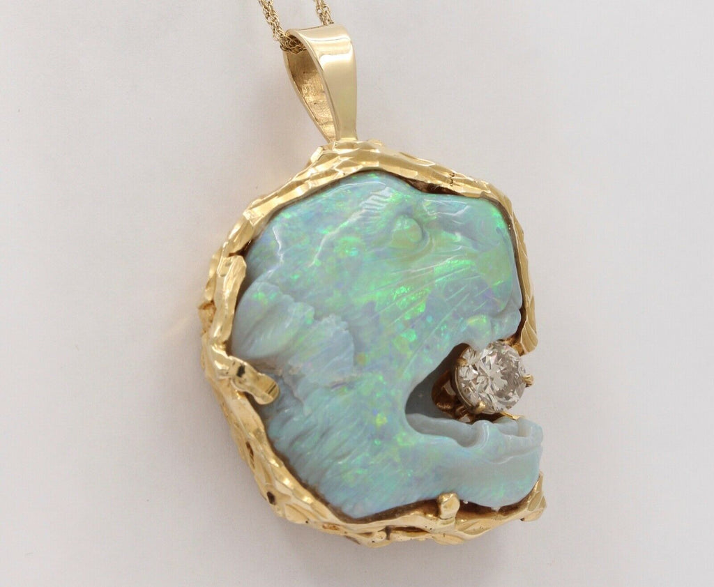 Vintage Carved Panther Large Australian Opal Held 1.0 carats round cut diamond P