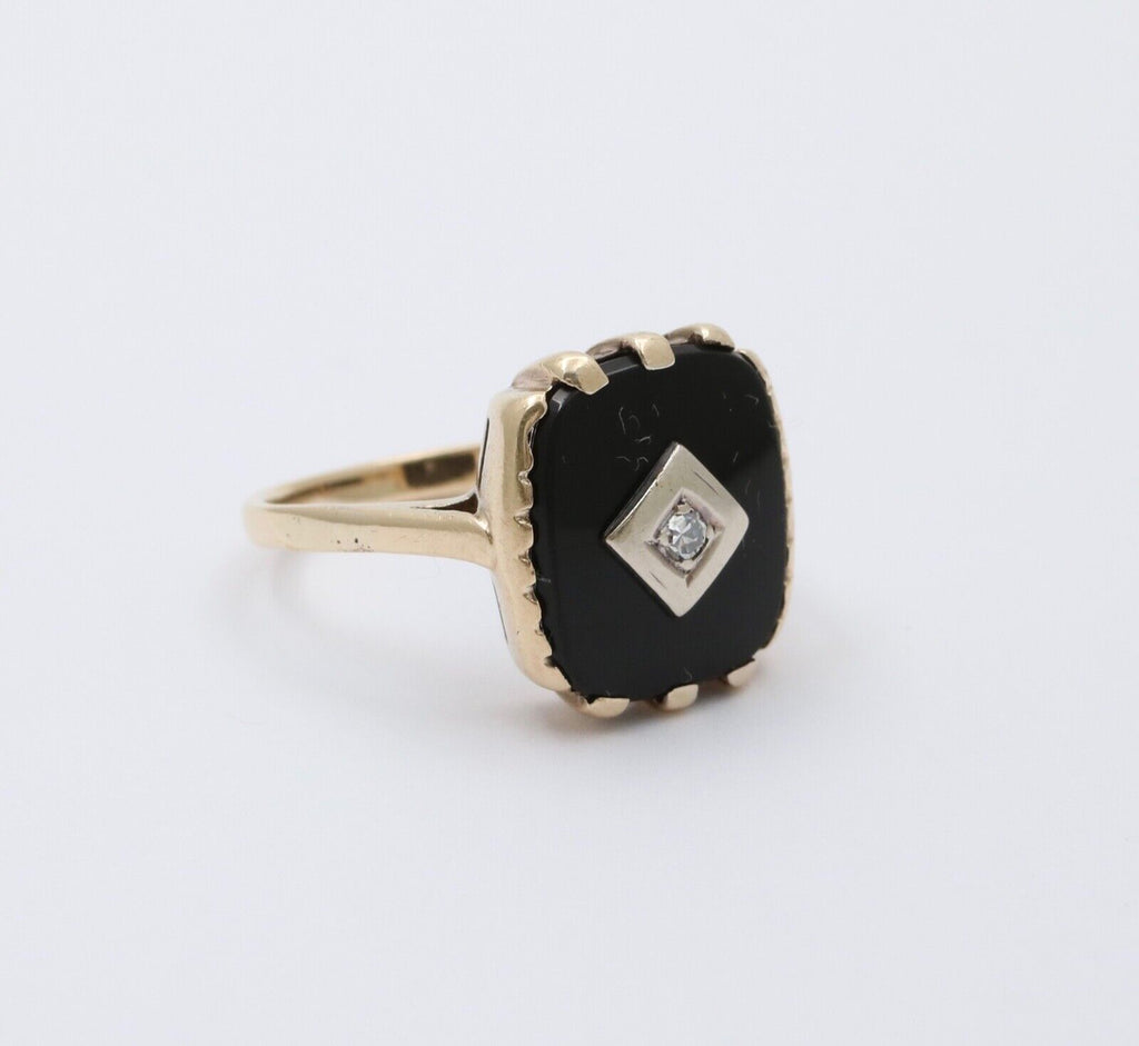 Antique 14K Yellow Gold Rectangle Onyx Diamond Ring, Antique Ring