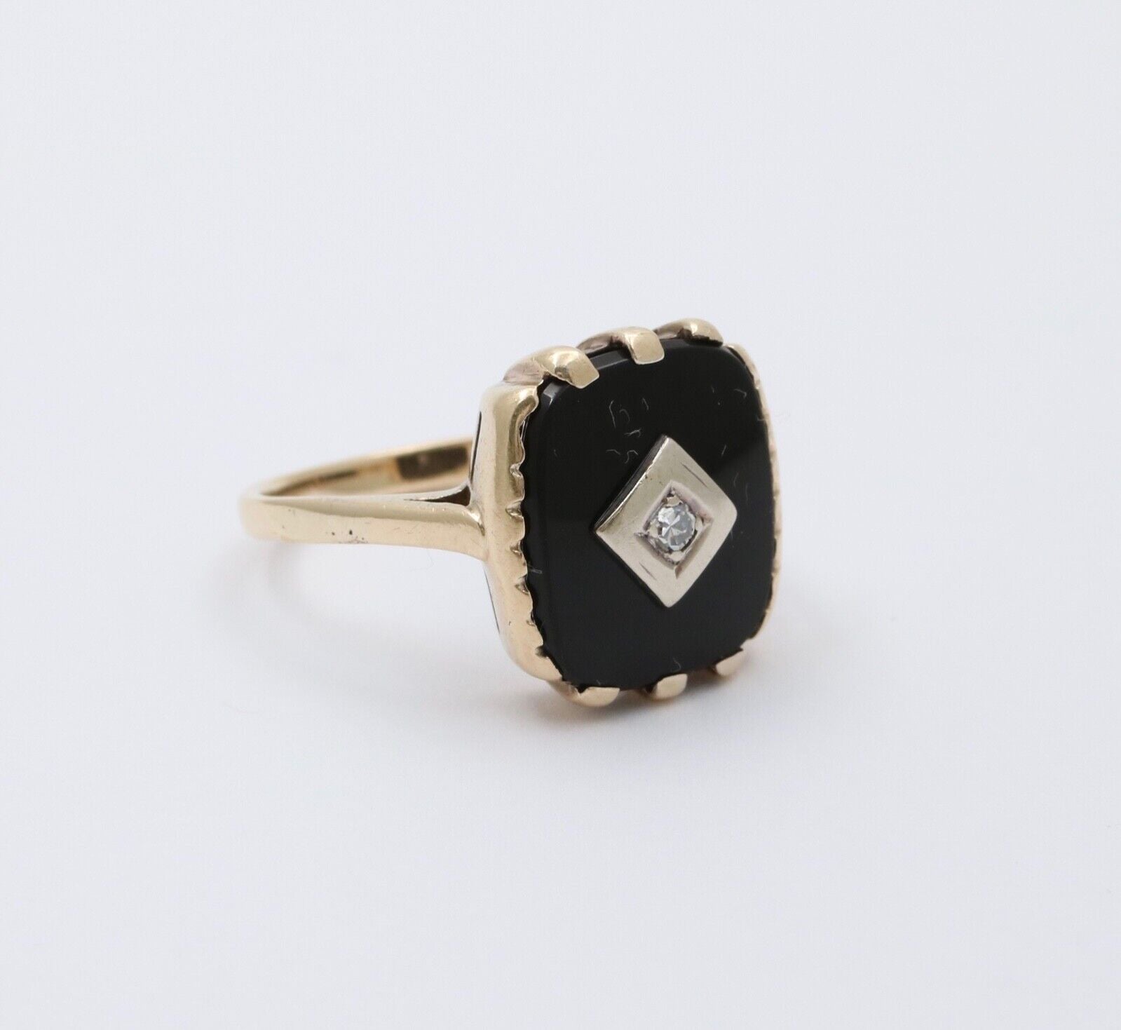 Antique 14K Yellow Gold Rectangle Onyx Diamond Ring, Antique Ring
