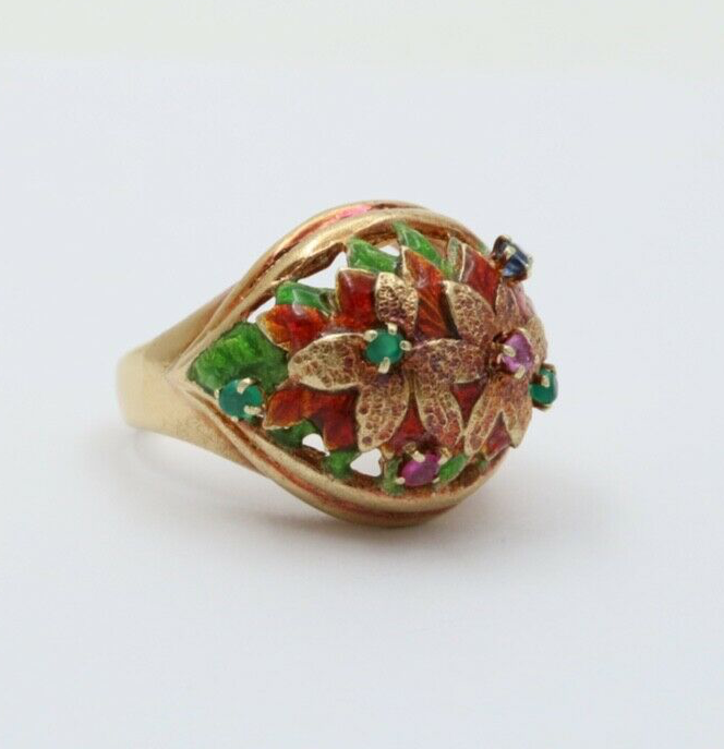 Vintage 14K Yellow Gold Pink Tourmaline, Green Chalcedony and Sapphire Dome Flow