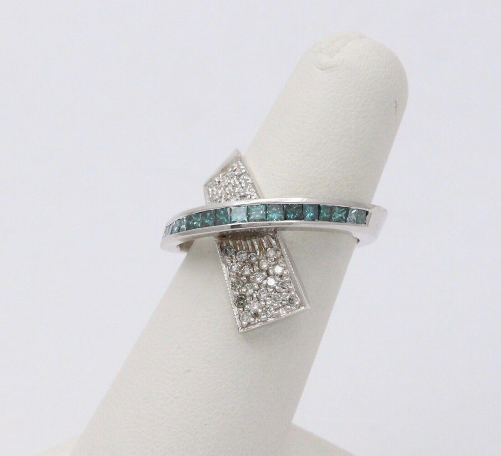 Cool Unisex Geometric Diamonds White Blue Diamonds 14K White Gold Ring