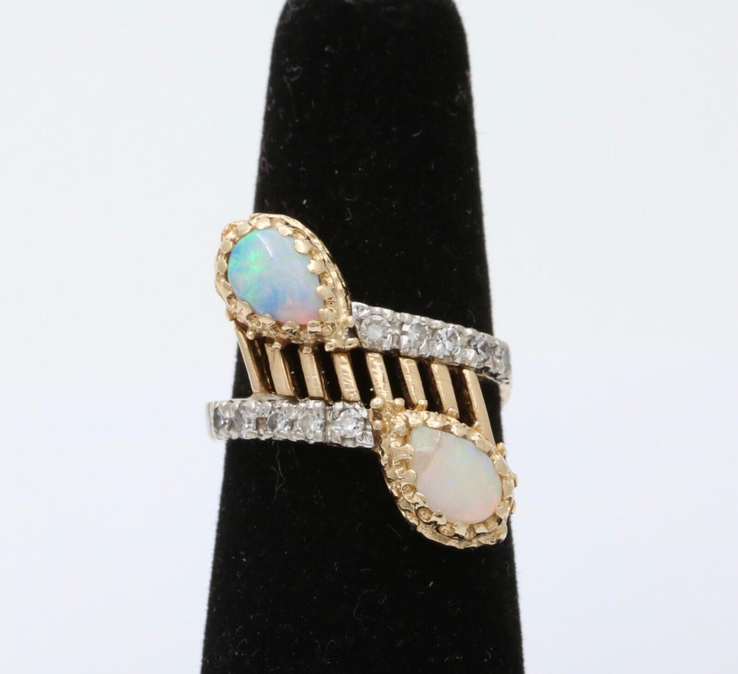 Vintage Geometric Bypass Opal Diamonds 14K Yellow Gold Ring